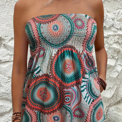Geometric Print Shirred Tube Top Sleeveless Summer Top