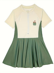 Sweet Girls Splicing Zip 1 piece Short Sleeve Swimsuit