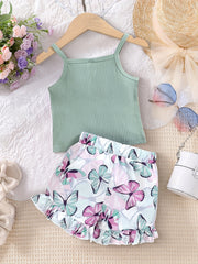 Girl's Ribbed Cami Top and Butterfly Print Shorts Set