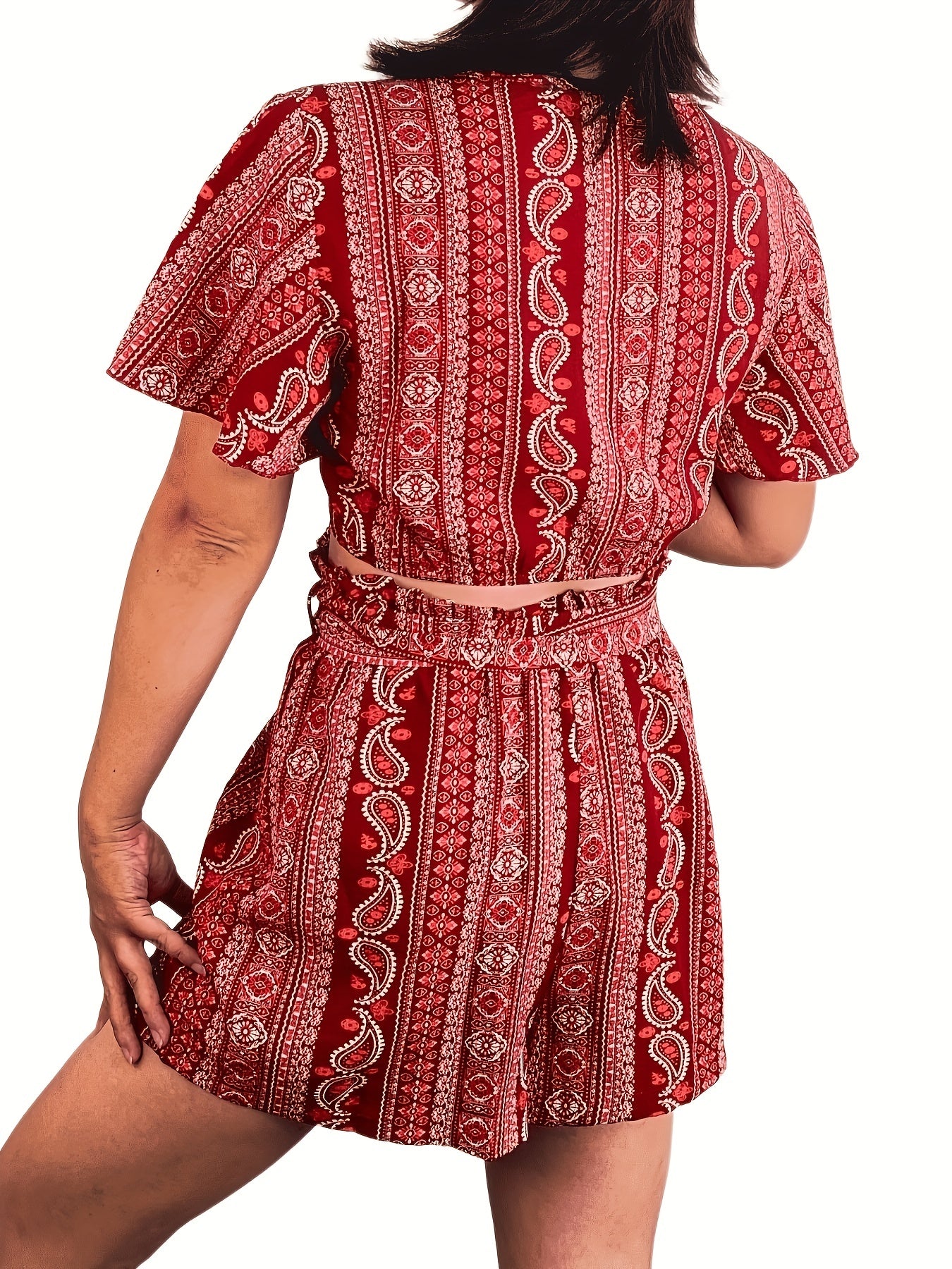 Paisley Print Two Piece Set Plunging V Neck Top & Wide Leg Shorts