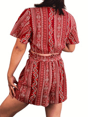 Paisley Print Two Piece Set Plunging V Neck Top & Wide Leg Shorts