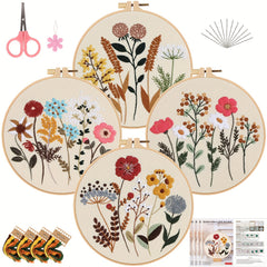 4pcs Floral Embroidery Kit Hoops Floss Threads Needles Cross Stitch Kits