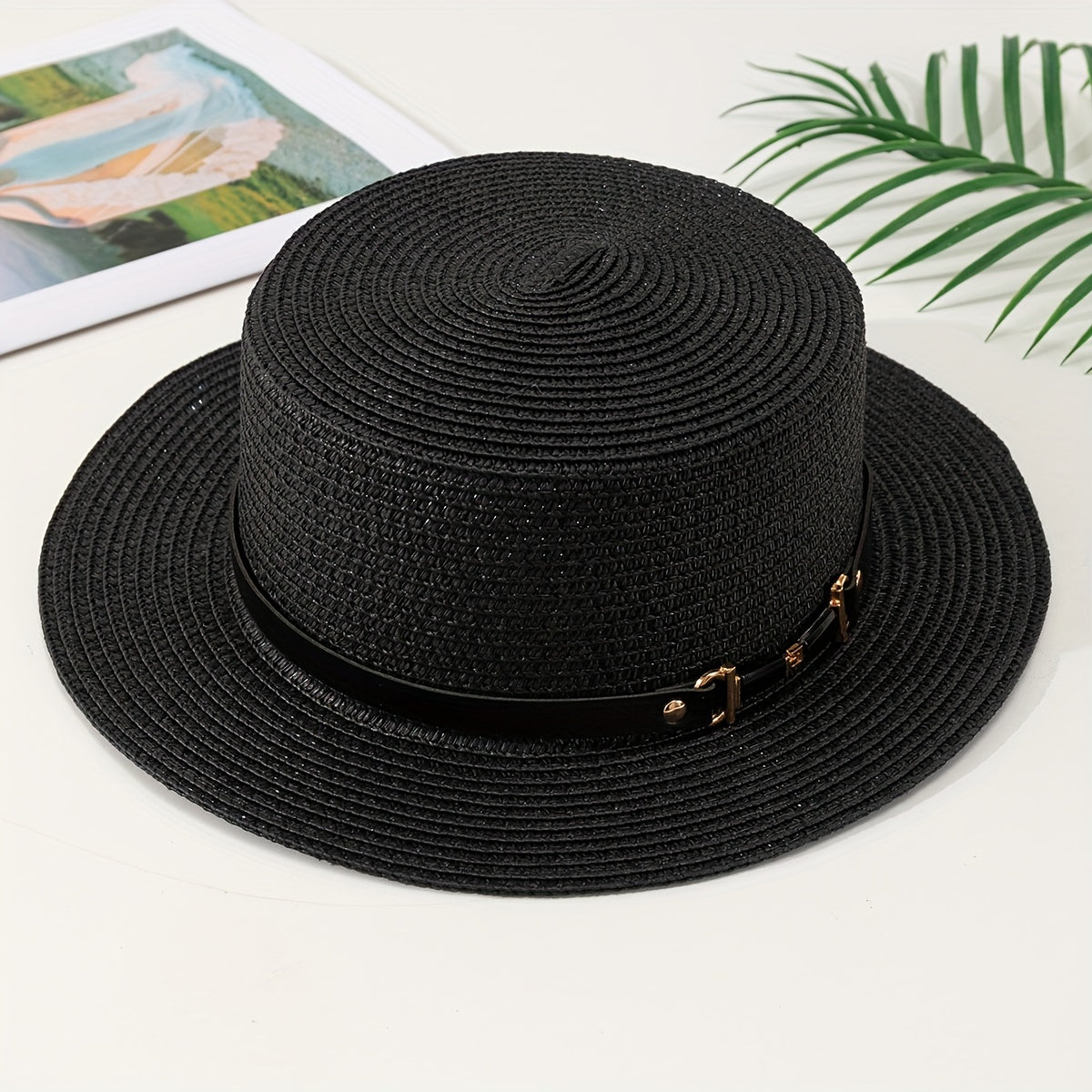 Double Link Chain Belt Flat Top Straw Hat Outdoor Sunshade Travel Hat