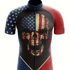 YTCYCLE Skeleton Head & US Flag Men's Zip Up Short Sleeve Cycling Jersey