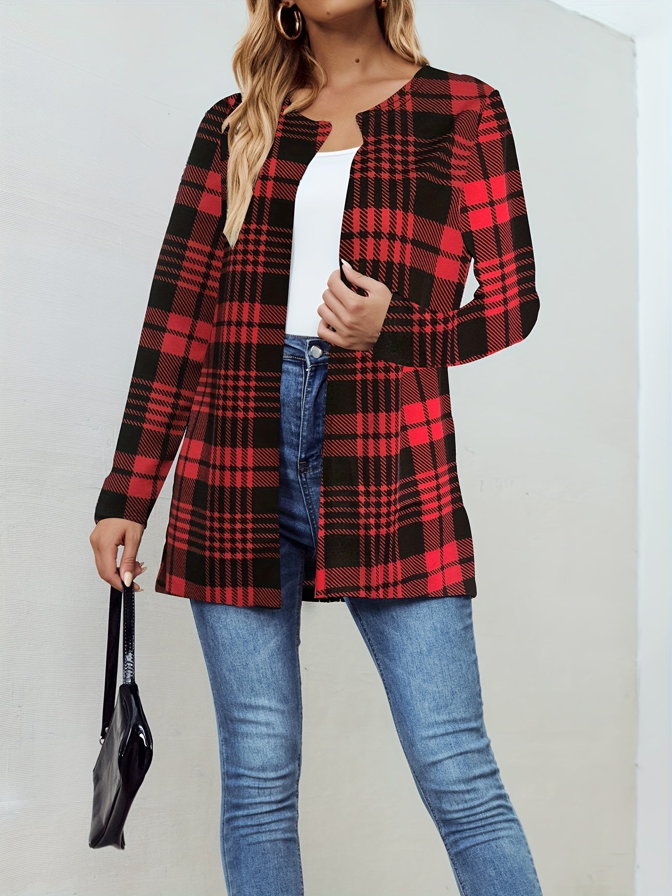Plaid Print Open Front Jacket Long Sleeve for Spring & Fall