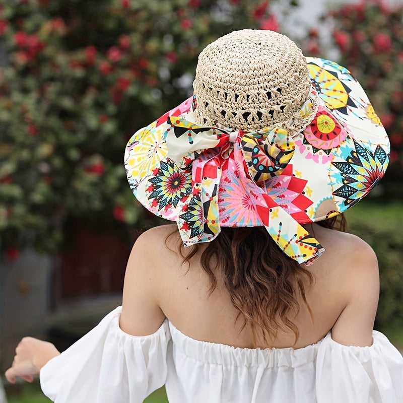 Hollow Crochet Boho Sun Hat Wide Brim Bowknot Beach Hat