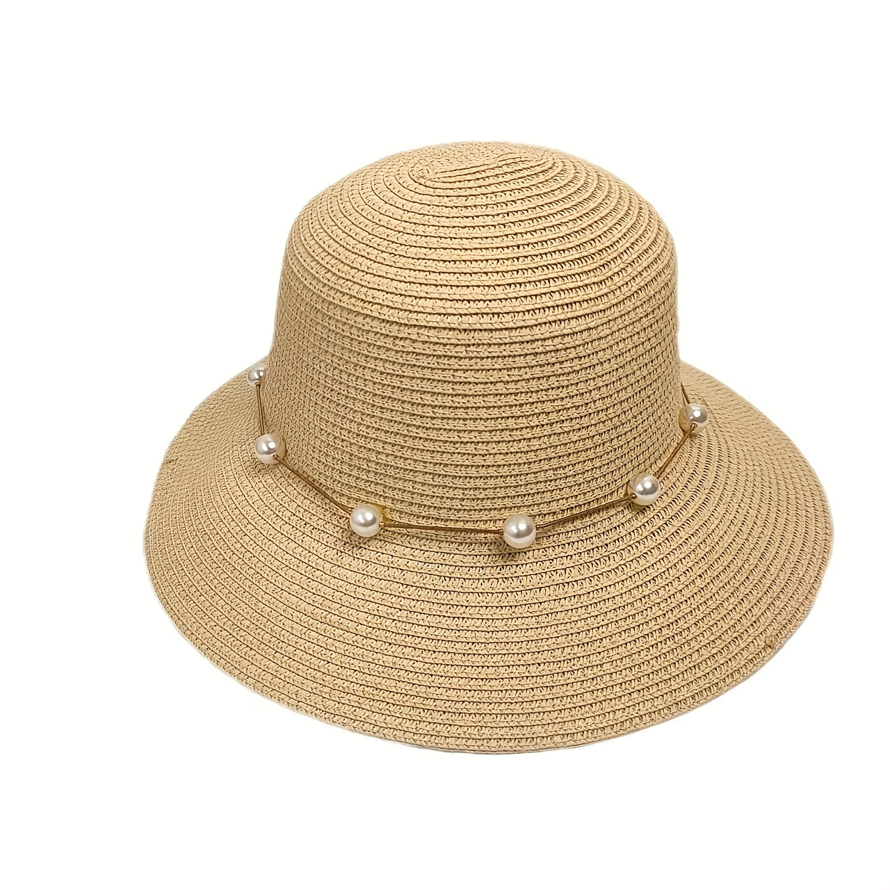 Faux Pearl Chain Bucket Hat Solid Summer Sun Hat Straw Beach Hats