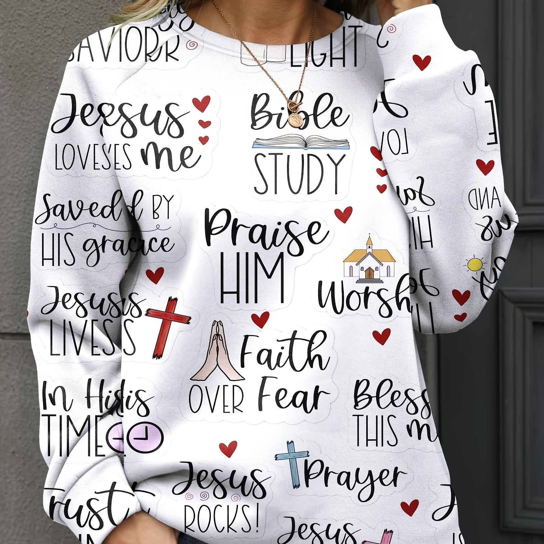 Jesus Letter Printed Sweatshirt Crew Neck Long Sleeve