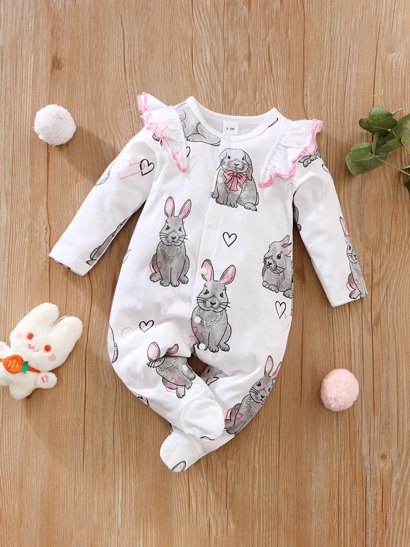 Baby Girls Rabbit Graphic Print Long Sleeve Romper Cotton Clothes Easter