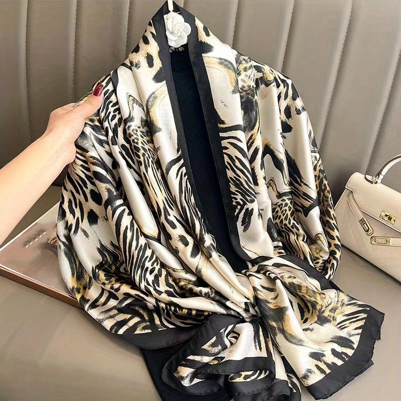 Leopard Print Satin Scarf Classic Oil Painting Pattern Shawl