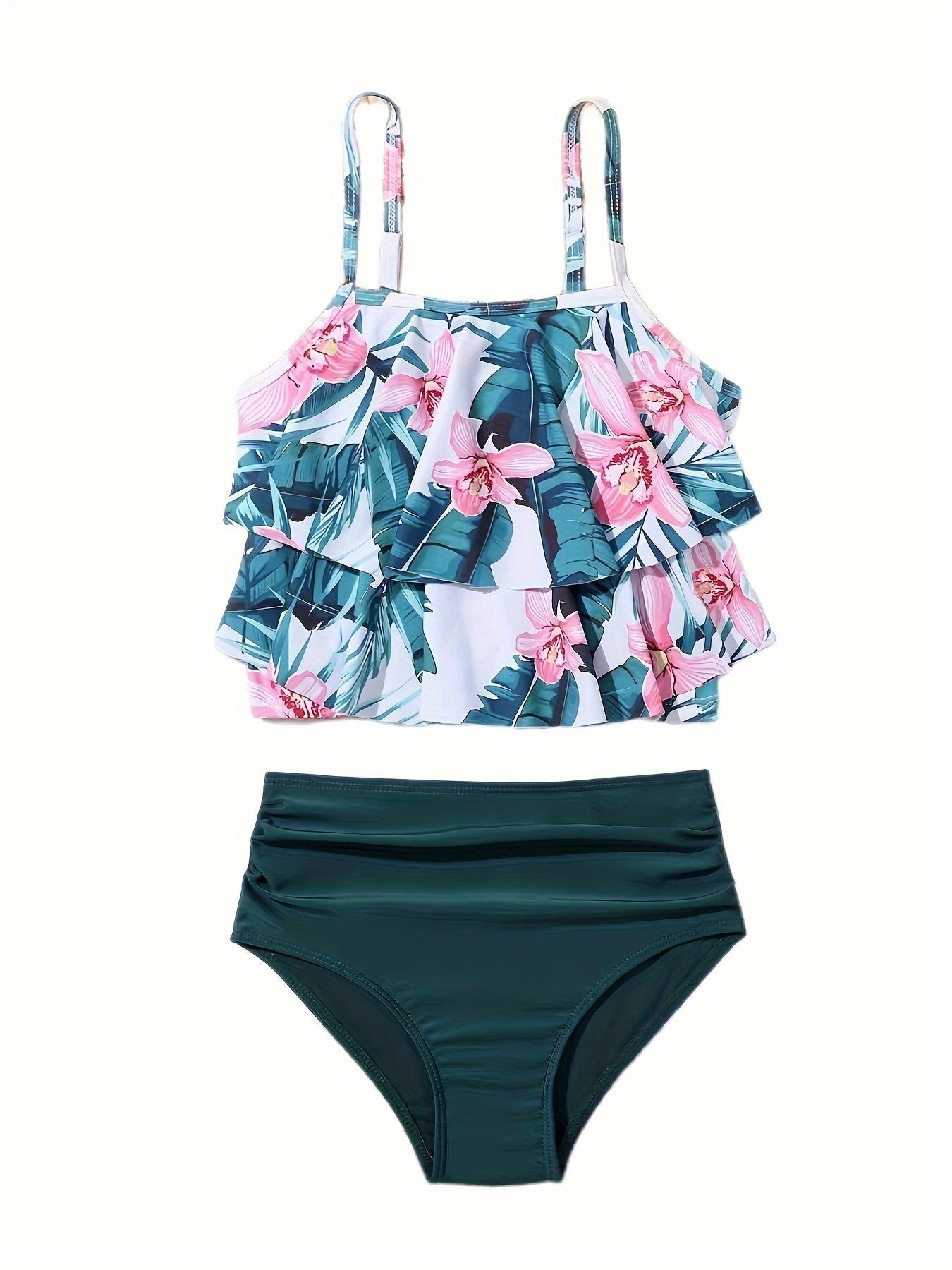 Girls Flower Graphic Swimwear Set Ruffle Trim Bathing Suit