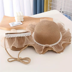 Girls Mesh Pearl Decor Lace Trim Straw Hat Sun Protection Cap & Straw Bag Set