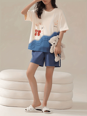 Bunny Print Pajamas Set Short Sleeve Top & Shorts Women's Sleepwear