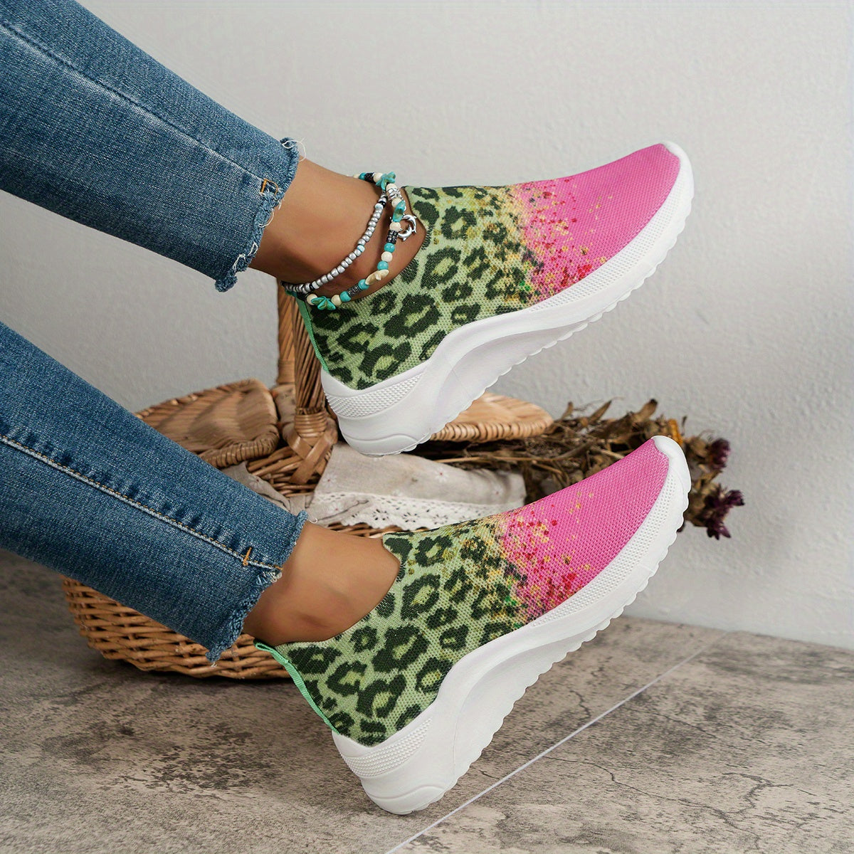 Leopard Print Colorblock Slip On Sneakers Lightweight Soft Sole Shoes
