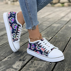 Women's Flat Canvas Sneakers Halloween Skull Pattern Low Top Shoes