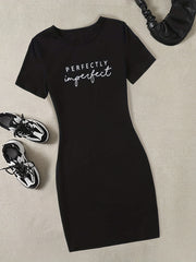 Women's Casual Letter Print Short Sleeve Stretch Slim Fit Dress