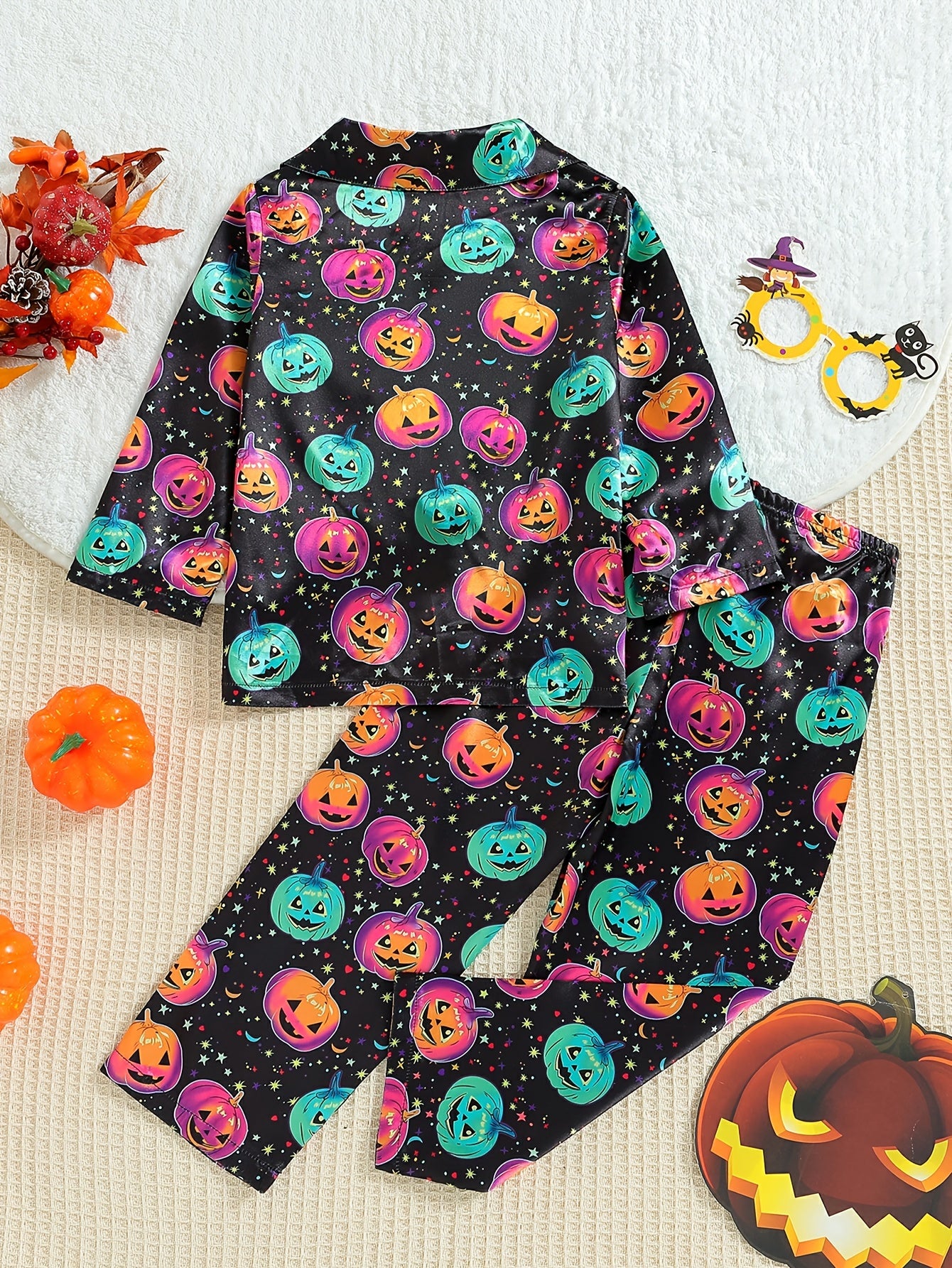 2pcs Boy's Pumpkin Pattern Satin Pajamas Halloween Style PJ Set