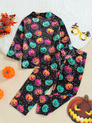 2pcs Boy's Pumpkin Pattern Satin Pajamas Halloween Style PJ Set