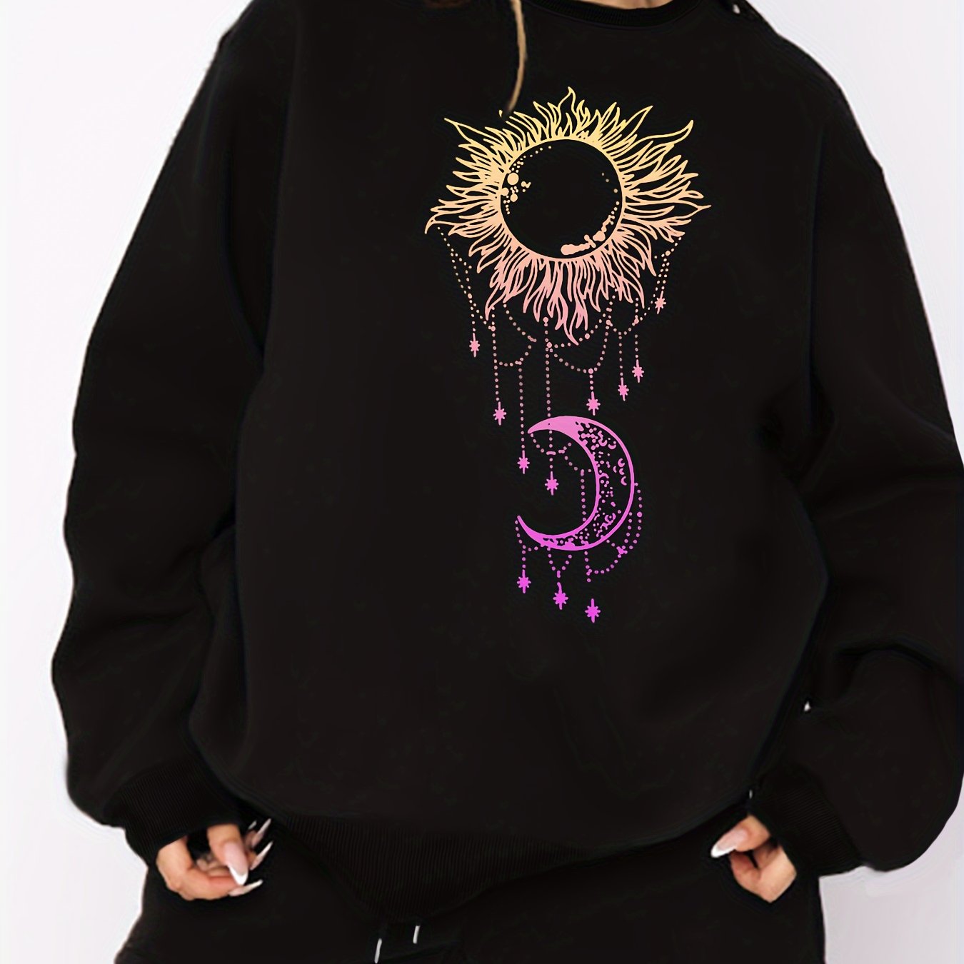 Women's Plus Moon & Sun Print Fleece Liner Sweatshirt & Shorts Outfit Set