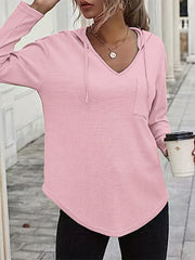 Solid Waffle Hoodies V Neck Sweatshirt With Drawstring