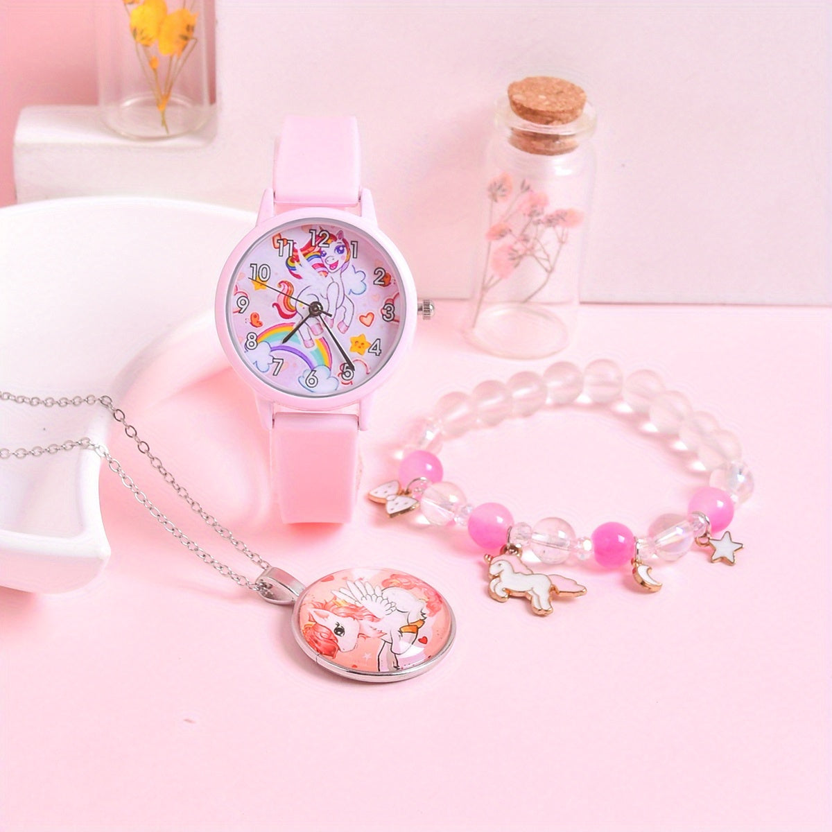 3pcs Cartoon Rainbow Horse Girls' Watch Creative Quartz Wristwatch Set