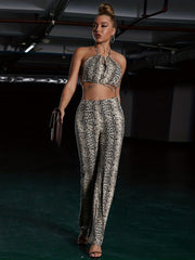Sexy Print Summer Pantsuits Lace Up Halter Tops & High waisted Pants Set