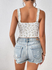 Floral Print Ruffle Trim Sleeveless Top
