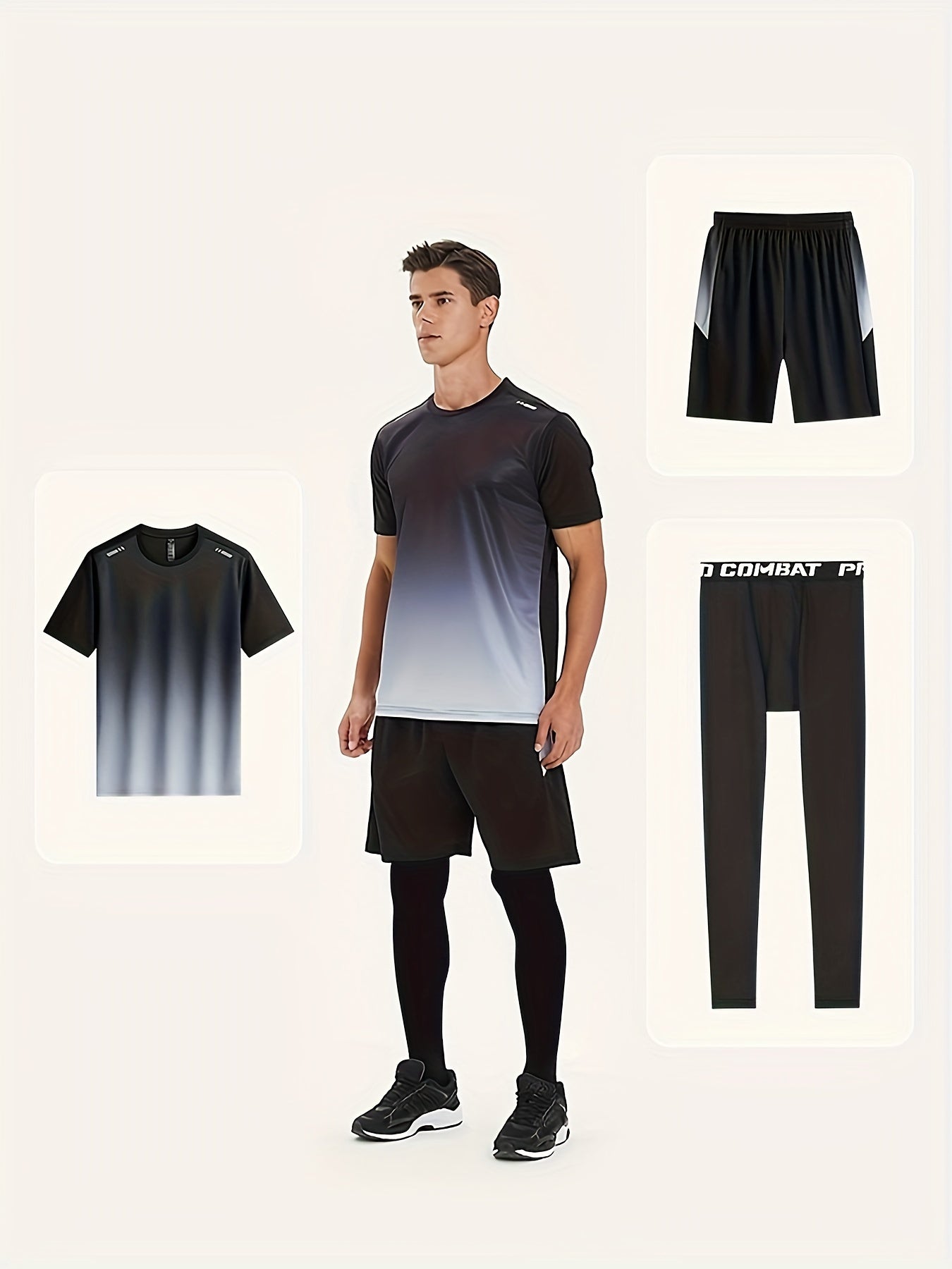 Men's Gradient T-shirt Active Shorts Leggings Set for Basketball Fitness