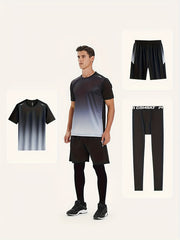 Men's Gradient T-shirt Active Shorts Leggings Set for Basketball Fitness