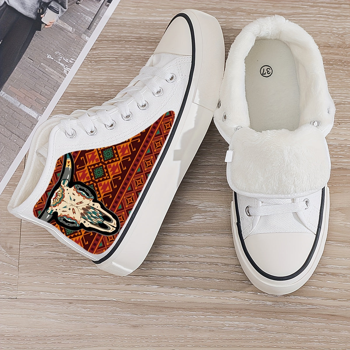 Cow Print Plush Lined Thermal Chunky Canvas Sneakers