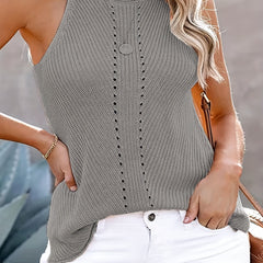 Casual Knit Top Women's Plus Plain Eyelet Round Neck Slight Stretch