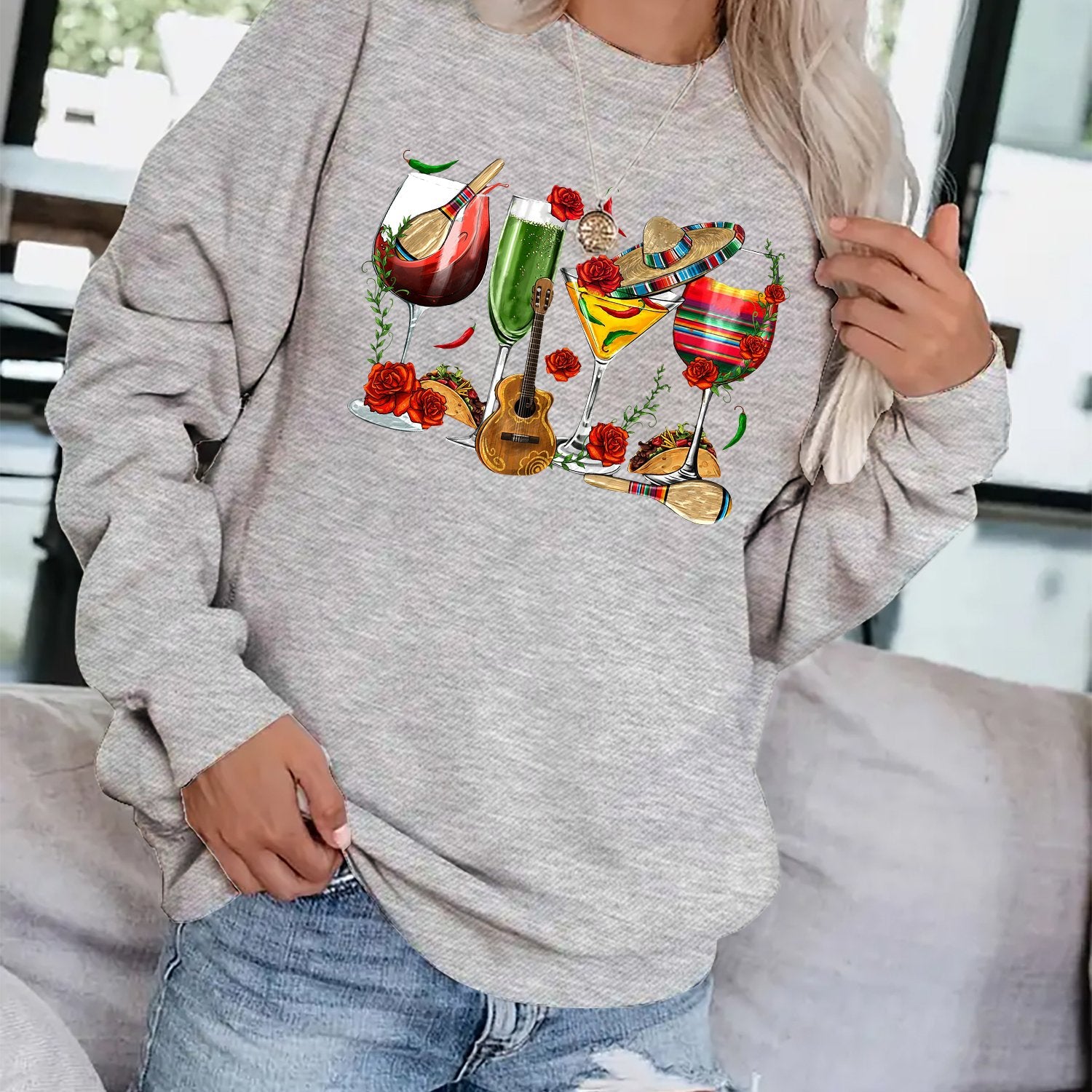Wine Print Pullover Sweatshirt for Fall & Winter Women's Clothing