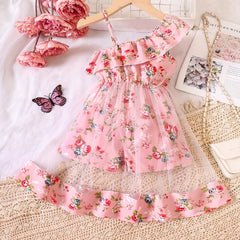 Toddler Girls Ruffle Trim Flowers Graphic Rompers Jumpsuits