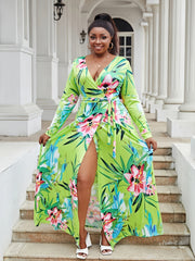 Floral Print High Split Maxi Dress With Belt