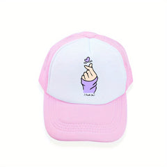 Heart Gesture Print Trucker Hat Y2K Pink Block Baseball Cap