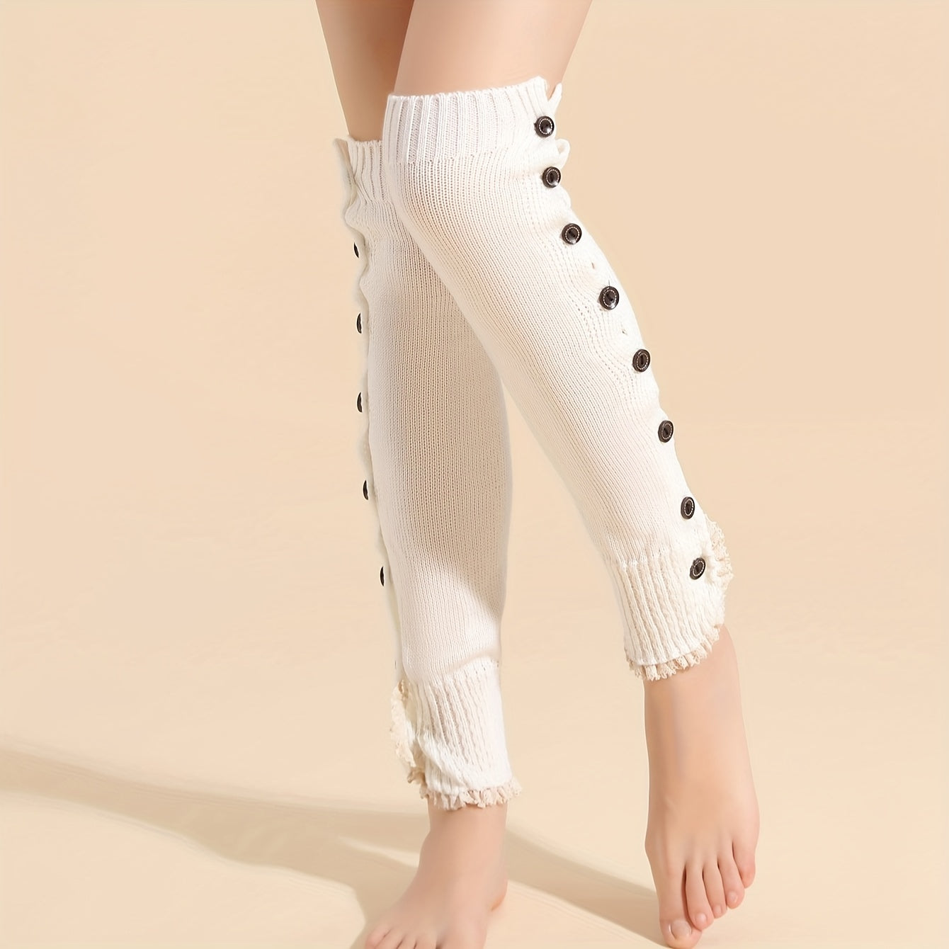 Lace Trim Leg Warmers with Button Decor