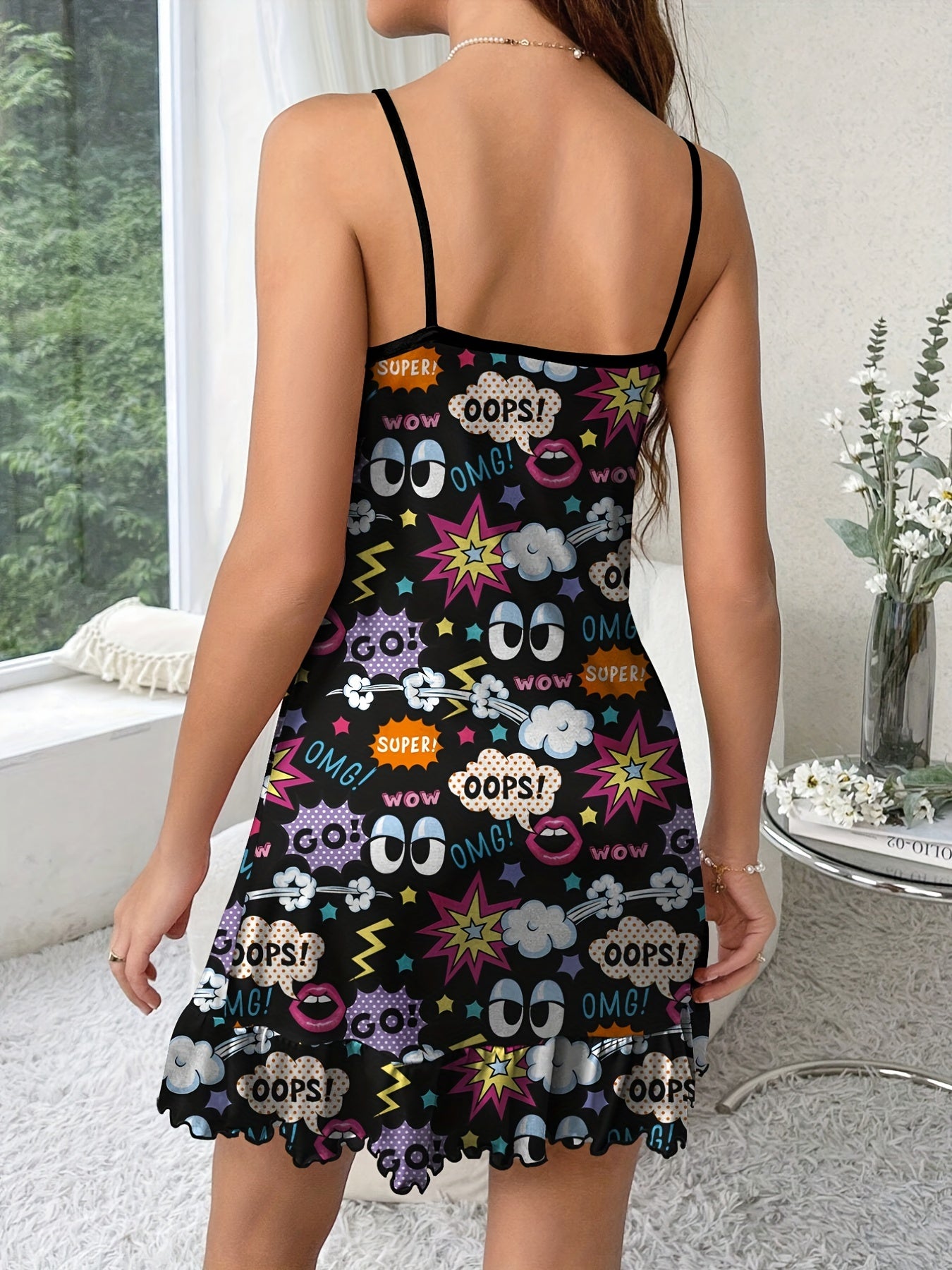 Cartoon Graffiti Print Nightdress Ruffle Slip Sleep Dress Women's Sleepwear