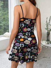 Cartoon Graffiti Print Nightdress Ruffle Slip Sleep Dress Women's Sleepwear