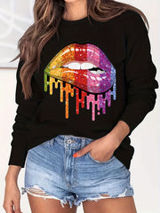 Colorful Lip Print Loose Sweatshirt Casual Long Sleeve
