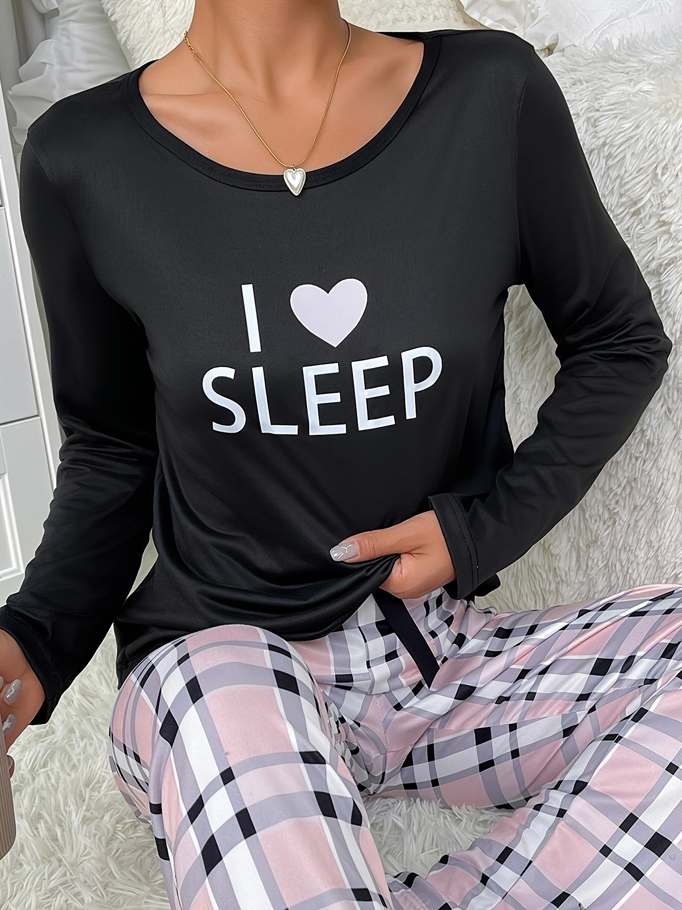 Letter Print Pajama Set Long Sleeve Crew Neck Top & Plaid Pants