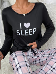 Letter Print Pajama Set Long Sleeve Crew Neck Top & Plaid Pants