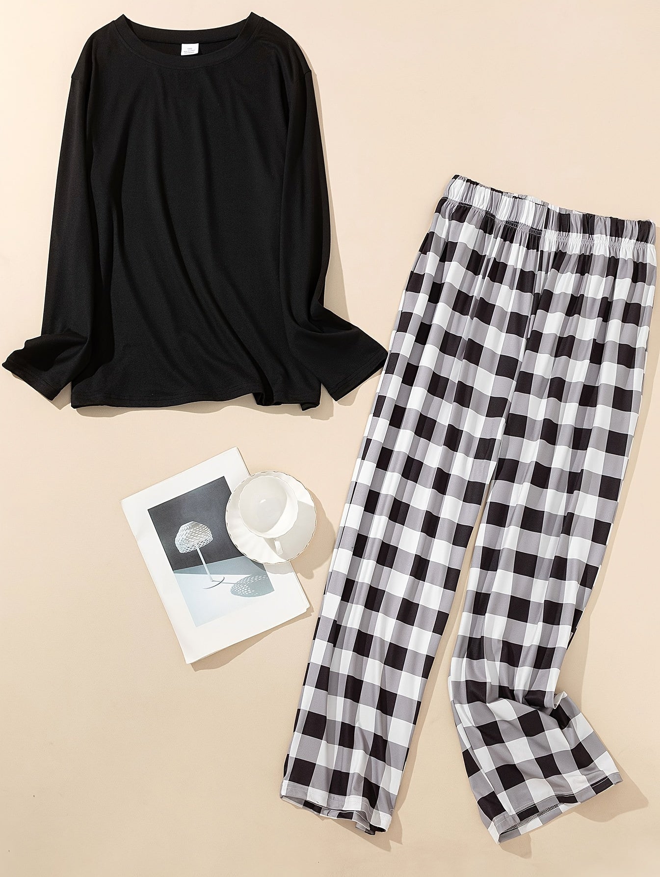 Solid Long Sleeve Round Neck Tee & Plaid Pants Pajamas Set