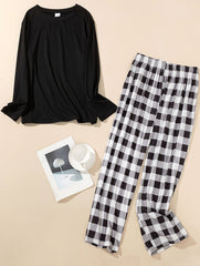 Solid Long Sleeve Round Neck Tee & Plaid Pants Pajamas Set