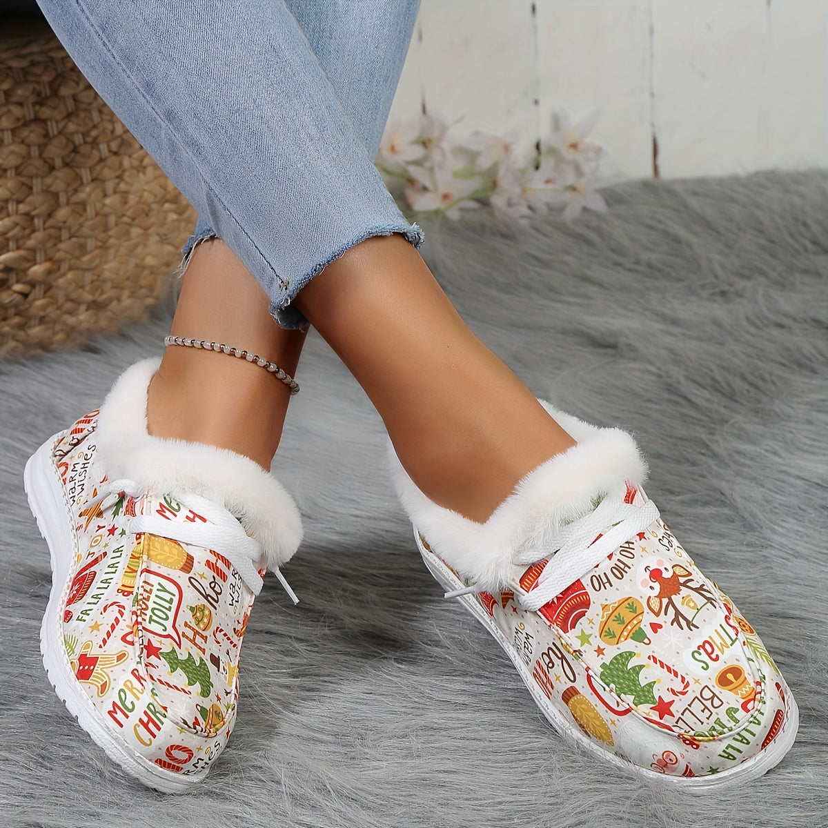 Women's Christmas Cartoon Print Skate Shoes Warm Low Top Sneakers