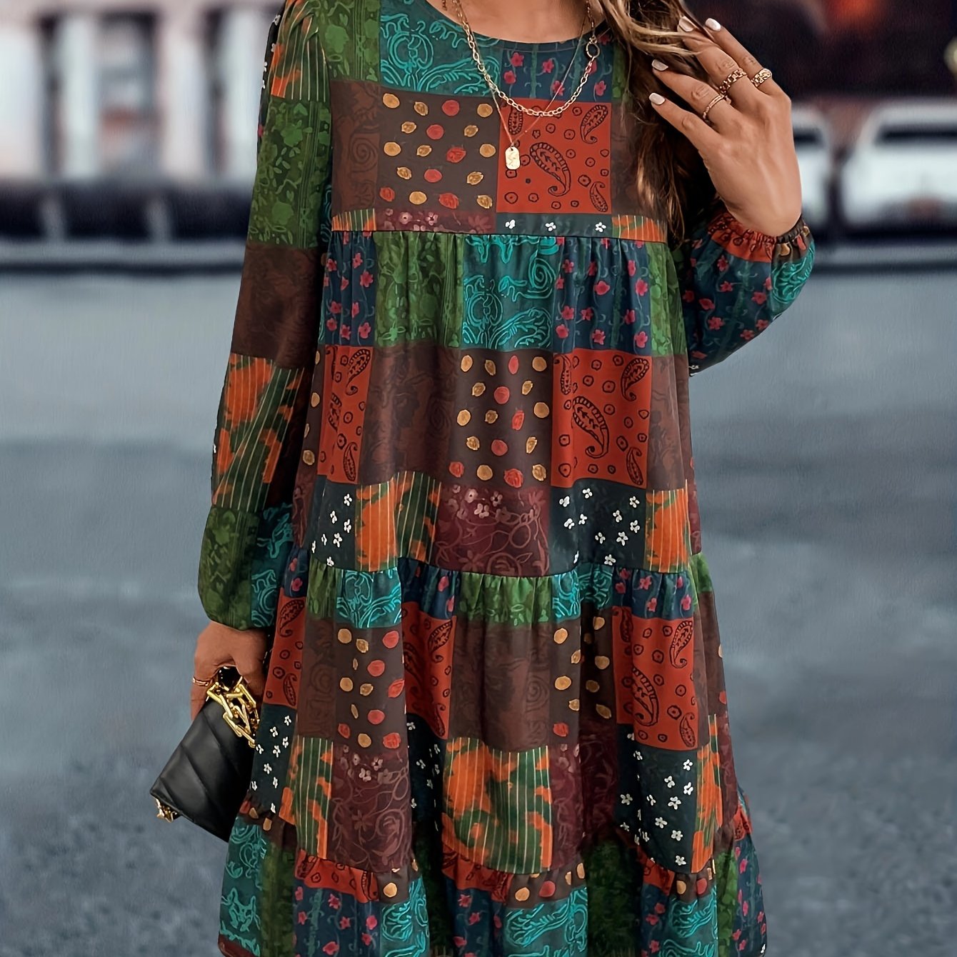 Boho Patchwork Print Lantern Sleeve Round Neck Loose Fit Mini Dress