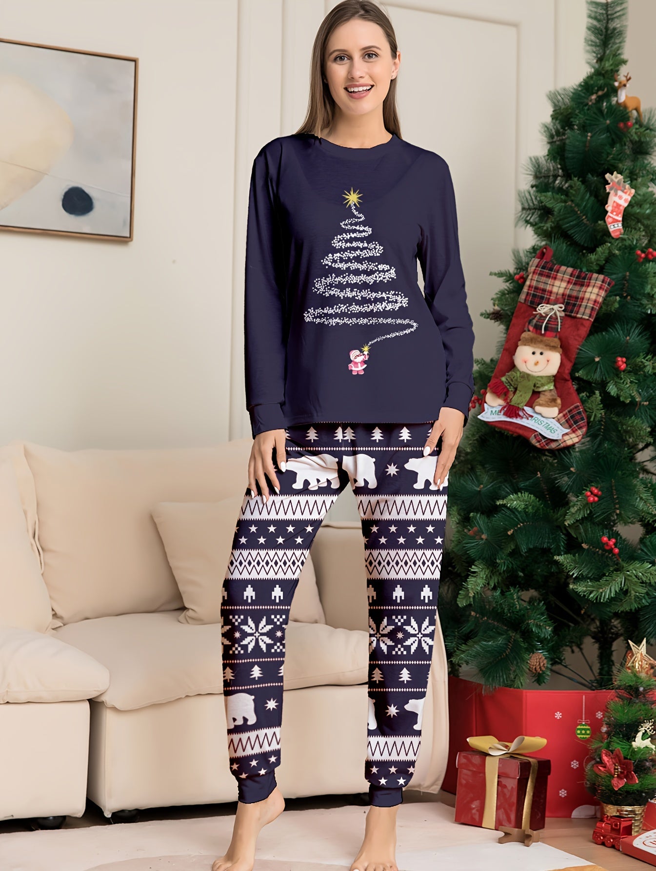 Christmas Print Pajama Set Long Sleeve Top & Pants
