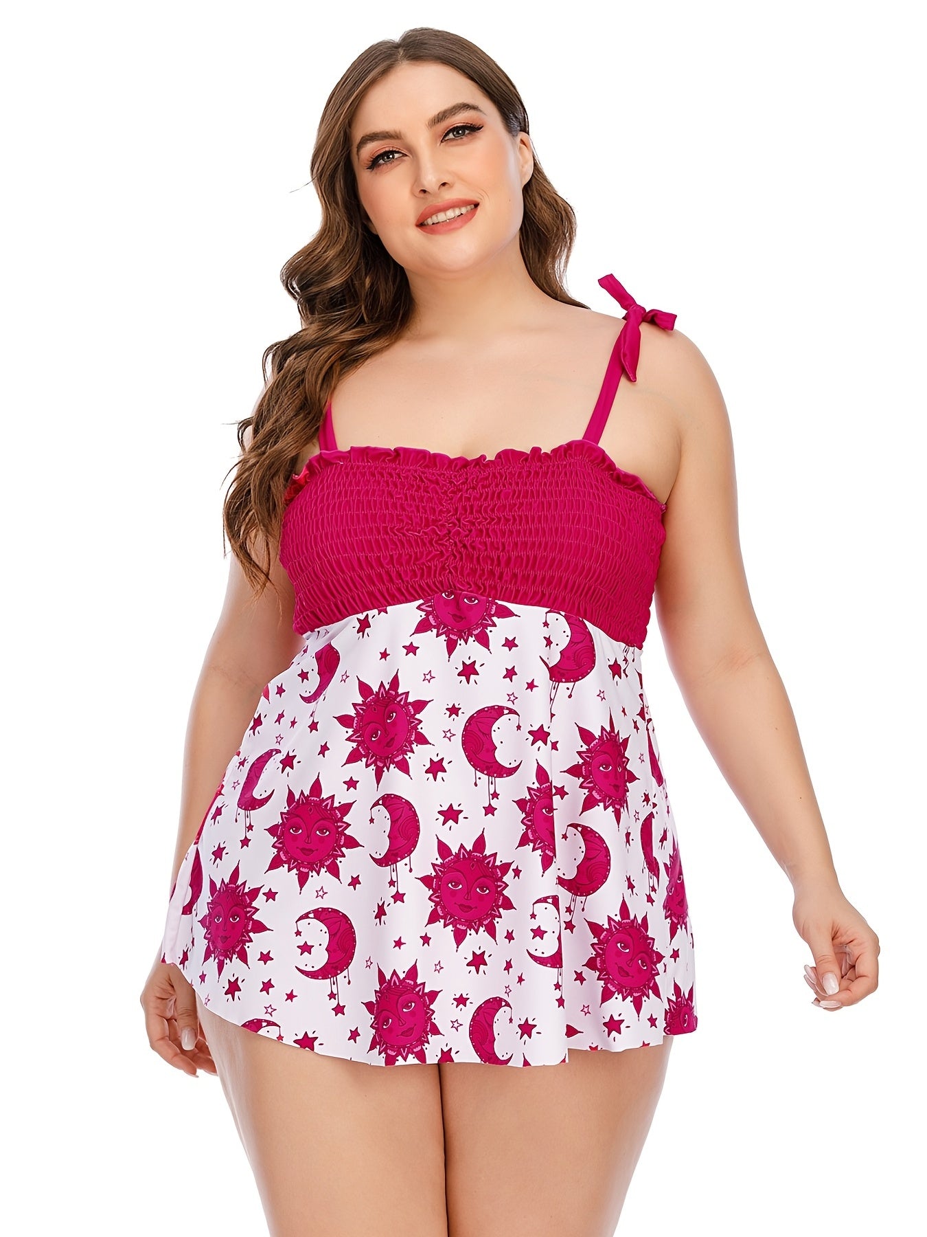 Sun & Moon Print Shirred Top & Panty Swimsuit Set 2pcs