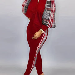 Patchwork Casual 2pc Set Long Sleeve Top & Long Pants