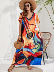 Abstract Print Batwing Sleeve V Neck Kaftan Beach Cover Up Dress