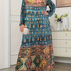 Boho Maxi Dress Women's Plus Size Graphic Print Long Sleeve Round Neck Dress